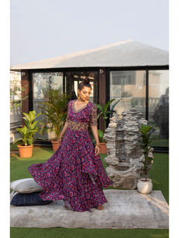 MEHAK MURPANA - Blue Gown with Drape and Thick Embroidered Belt (Set of 2)