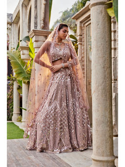 MEHAK MURPANA - Coffee Mirror Embroidered Kurta Lehenga and Dupatta (Set of 3)