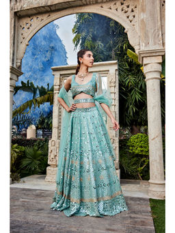 MEHAK MURPANA - Sea Green Mirror Embroidered Choli Lehenga and Dupatta with Belt (Set of 4)