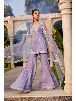 MEHAK MURPANA - Lilac Mirror Embroidered Short Kurta Sharara and Dupatta (Set of 3)