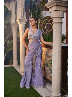 MEHAK MURPANA - Lilac Mirror Embroidered Sharara Pant Sari (Set of 3)