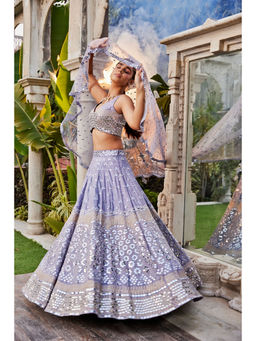 MEHAK MURPANA - Lilac Mirror Embroidered Choli Lehenga and Dupatta (Set of 3)