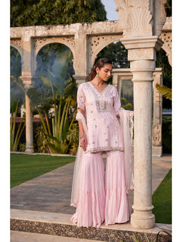 MEHAK MURPANA - Baby Pink Mirror Embroidered Short Kurta Sharara and Dupatta (Set of 3)