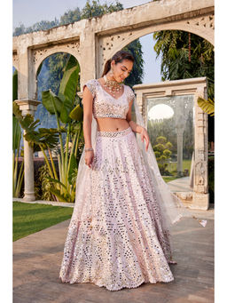 MEHAK MURPANA - Baby Pink Mirror Embroidered Choli Lehenga and Dupatta (Set of 3)