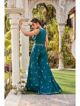 MEHAK MURPANA - Teal Mirror Embroidered Jumpsuit with Belt (Set of 2)