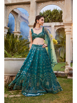 MEHAK MURPANA - Teal Mirror Embroidered Choli Lehenga and Dupatta (Set of 3)