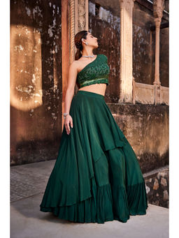 MEHAK MURPANA - Green One Shoulder Top and Lehenga (Set of 2)
