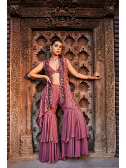 MEHAK MURPANA - Rose Pink Buster Jacket and Sharara (Set of 3)