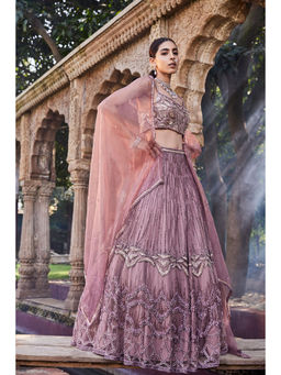 MEHAK MURPANA - Rose Pink Embroidered Lehenga Crop Top with Dupatta (Set of 3)