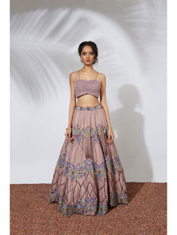 MEHAK MURPANA - Rose Pink Embroidered Lehenga Crop Top with Organza Ruffle Dupatta (Set of 3)