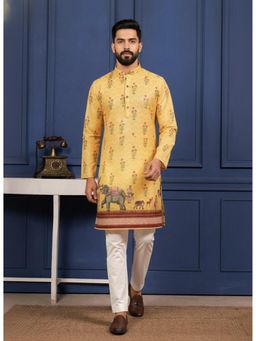 Gahan - Yellow Cotton Digital Print On Embroidered With Animal Print Kurta