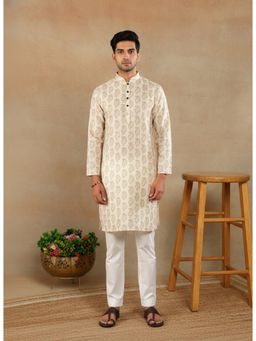 Gahan - Mens Cream Pure Linen Printed Kurta