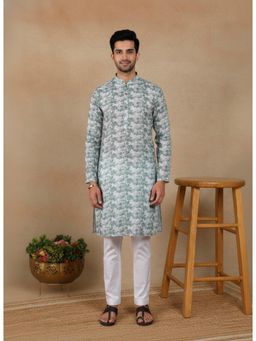 Gahan - Mens Green Pure Linen Printed Kurta