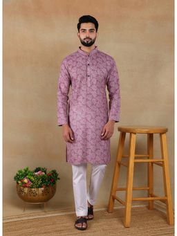Gahan - Mens Purple Pure Linen Printed Kurta