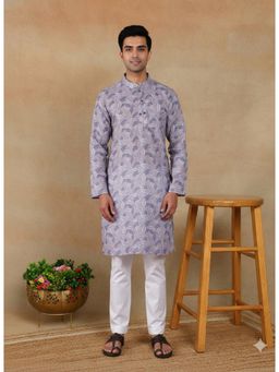 Gahan - Mens Grey Pure Linen Floral Kurta