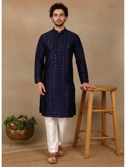 Gahan - Mens Navy Blue Art Silk Embellished Kurta