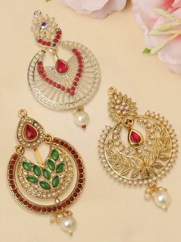 OOMPH - Combo of 3 Maroon & Green Stones Chandbali Kundan Juda Hair Bun Pin