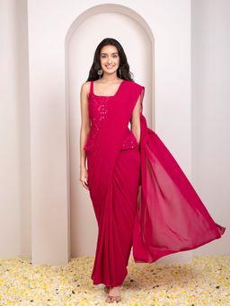 Indya - X Shraddha Kapoor Fuchsia Mirror Embroidered Peplum Sari Tunic