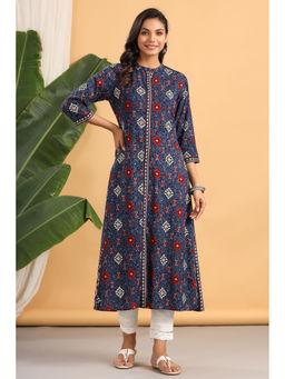 Juniper - Indigo Ethnic Motif Printed Rayon A-Line Kurta with Buttons