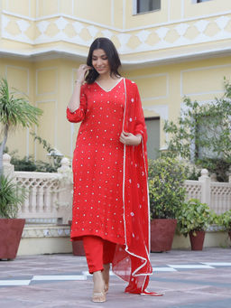 LIROSE - Red Modal Satin Straight Kurta with Pants and Bandhej Dupatta (Set of 3)