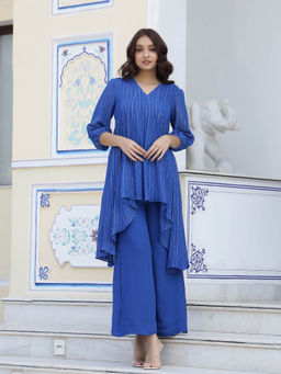 LIROSE - Blue Lurex Glam Georgette Kurta & Pants Co-Ord (Set of 2)
