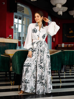 LIROSE - White Top with Patched Embroidery On Shirt & Palazzo (Set of 3)