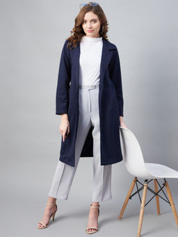 StyleStone - Women Navy Polyester Jacquard Self Design Overcoat