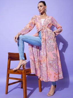 StyleStone - Women Peach Floral Long Shrug