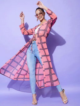 StyleStone - Women Pink Check Long Shrug