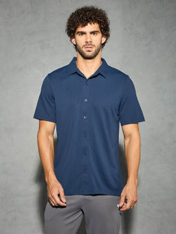 Technosport - Navy Blue Men Solid Regular Fit Spread Collar Sports Shirt