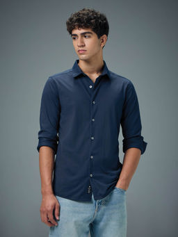Technosport - Navy Blue Men Solid Regular Fit Spread Collar Casual Shirt
