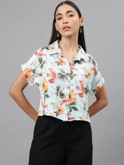 Latin Quarters - Women Green Short Sleeve Collar Crop Shirt
