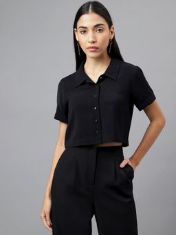 Latin Quarters - Women Black Short Sleeve Collar Crop Shirt