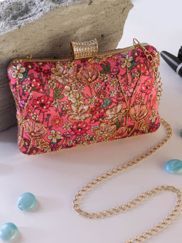 SWISNI - White Printed Embroidered Clutch with Detachable Strap (M)