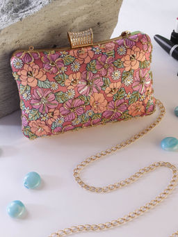 SWISNI - Pink Printed Embroidered Clutch with Detachable Strap (M)