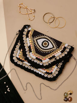 SWISNI - Designer Black Clutch with Detachable Strap For Women (M)