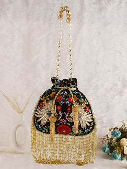 SWISNI - Black Velvet Peacock Potli Bag (M)
