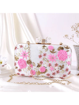SWISNI - White Thread Embroidered Clutch with Detachable Strap (M)