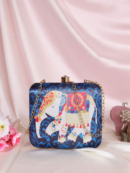 SWISNI - Printed Women Traditional Designer Navy Blue Clutch with Detachable Strap (M)