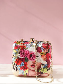 SWISNI - Floral Square Box Clutch Face-Art Girl Design Best Clutch with Detectable Strap (M)