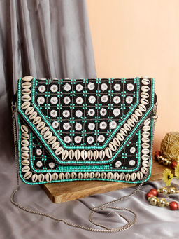 SWISNI - Green Designer Boho Clutch with Detachable Strap (M)