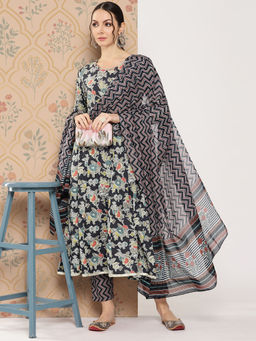 Yufta - Women Floral Print Anarkali Kurta with Pant and with Dupatta (Set of 3)