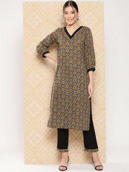 Yufta - Women Brown Geometric Print Pure Cotton Kurta with Pant (Set of 2)