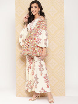 Yufta - Cream Floral Print Peplum and Sharara Co Ord (Set of 2)