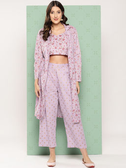 Yufta - Purple Floral Shrug and Crop Top Pant Co Ord (Set of 3)