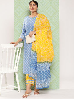 Yufta - Women Blue and Yellow Cotton Kurta with Pant and Dupatta (Set of 3)