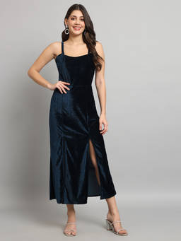 VAARARO - Women Navy Blue Solid/Plain Velvet Dress