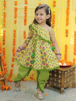 BownBee - Girls Printed One Sleeve Kurti with Dhoti Yellow (Set of 2)