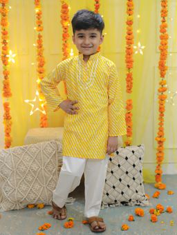 BownBee - Pure Cotton Printed Leheriya Kurta Pyjama Boys Yellow (Set of 2)