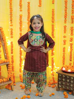 BownBee - Girls Chanderi Kurta with Printed Salwar & Dupatta Maroon (Set of 3)